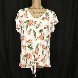 💥5/$25 Cato Womens S Top Orange Floral VNeck Short Cap Sleeve Tie Hem Pullover